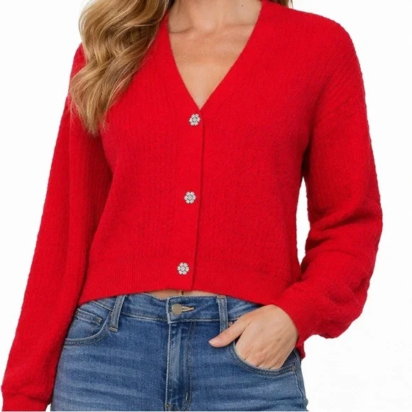 NO BOUNDARIES Red Rhinestone Button Cardigan Sweater XS - Picture 2 of 12